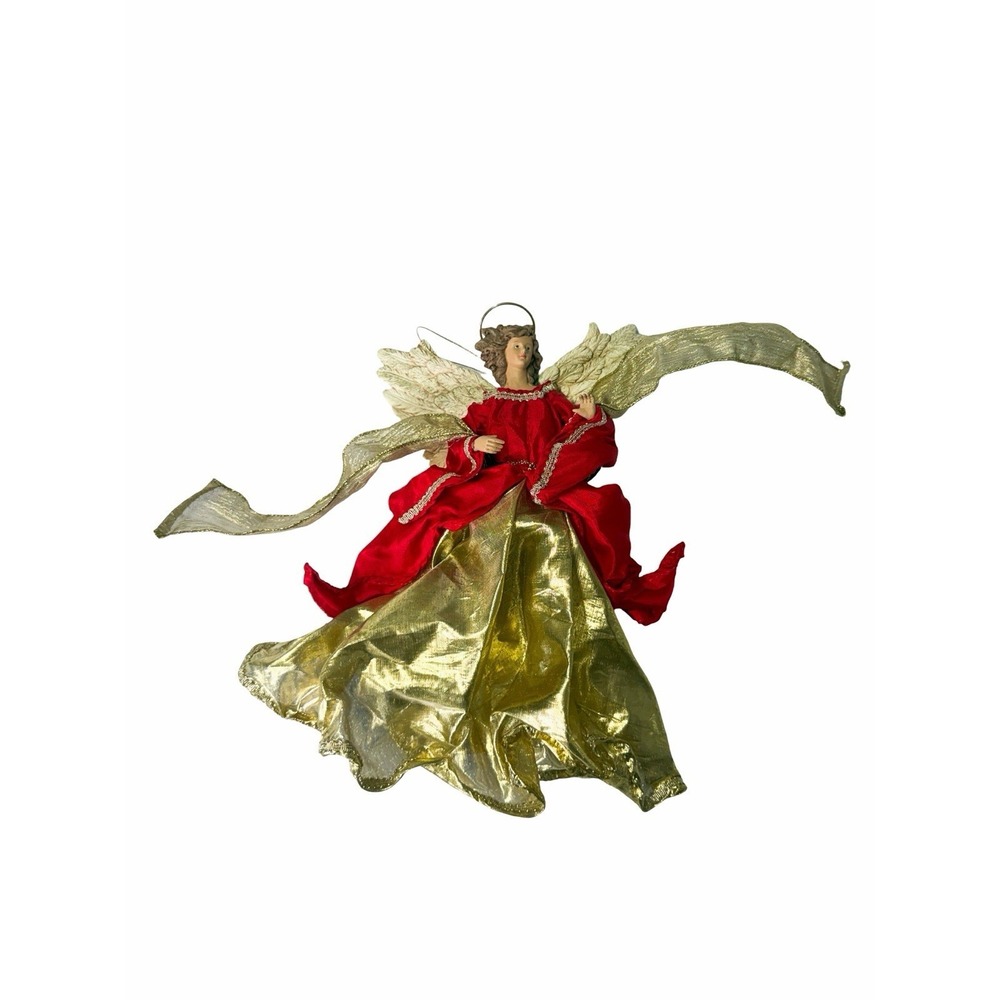 Vintage Christmas Angel Tree Topper Red Gold Dress Halo Wings 12" Holiday Decor